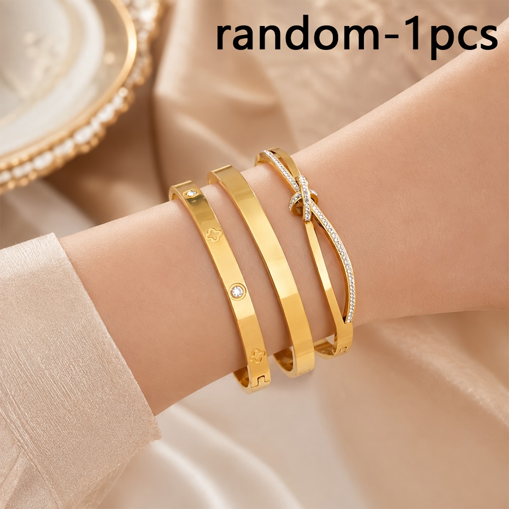 TEMU Bracelet pour femme 1 pièce aléatoire en acier inoxydable plaqué or , incrusté de synthétique, bijou simple et élégant, cadeau pour un port