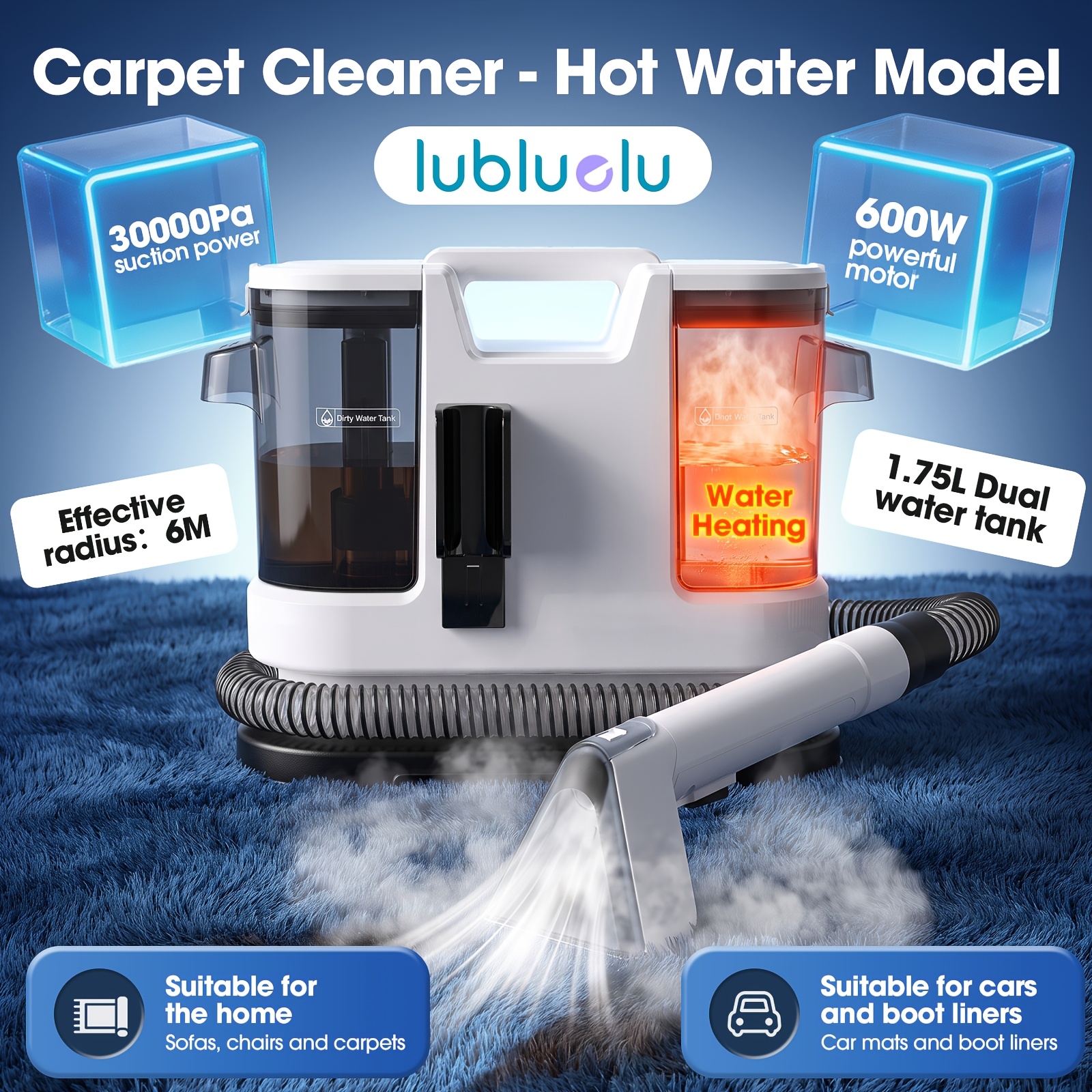 TEMU Lubluelu 30kpa Hot Water Model Portable Carpet And Upholstery Spot Cleaner Machine, With Heating Function Up To 60 Degrees, Stronger Stain