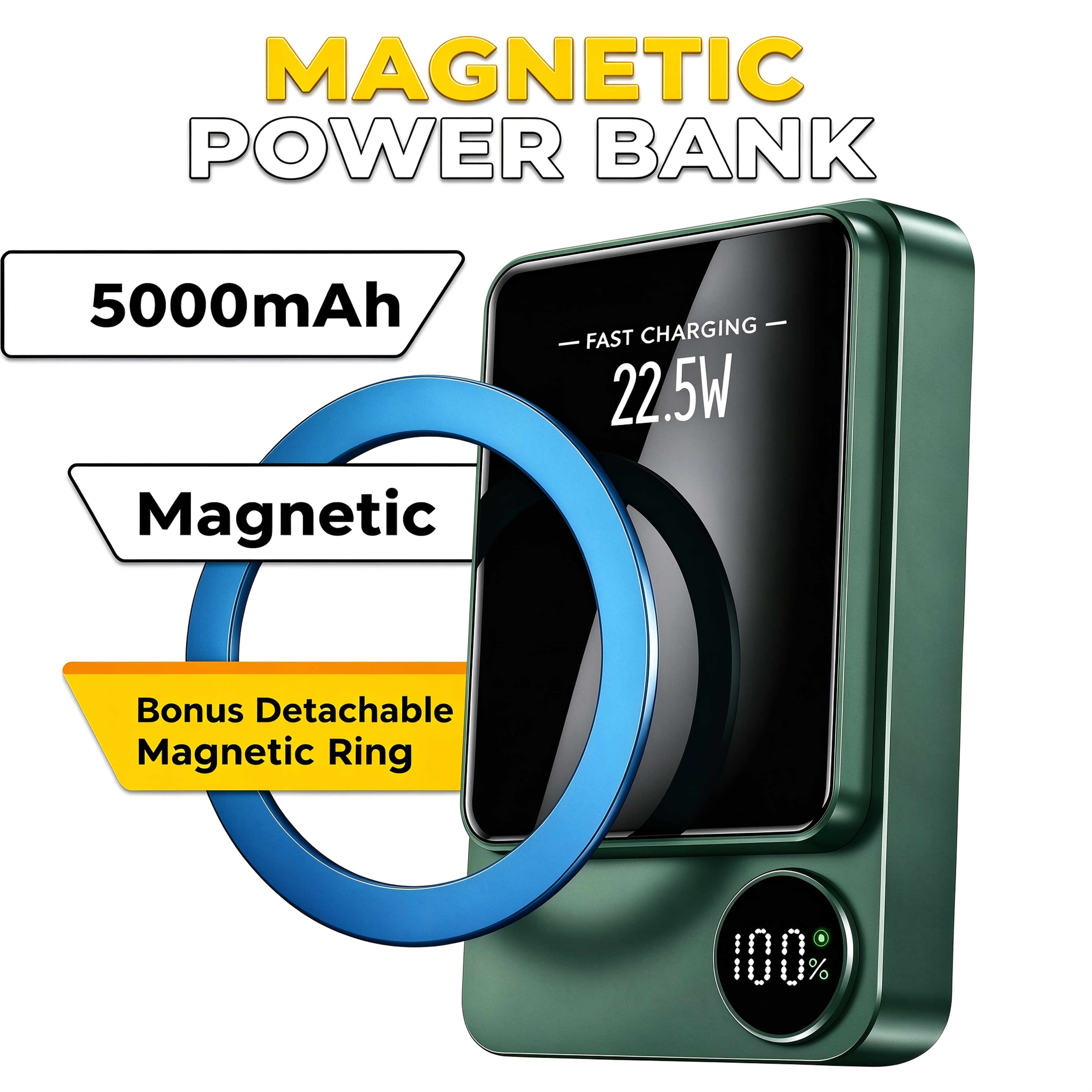 TEMU 5000&10000mah Magnetic Power Bank, 22.5w Pd Fast Charging Portable Wireless Charger For Magsafe, With Extra Magnetic Adapter Ring, Display Usb-c