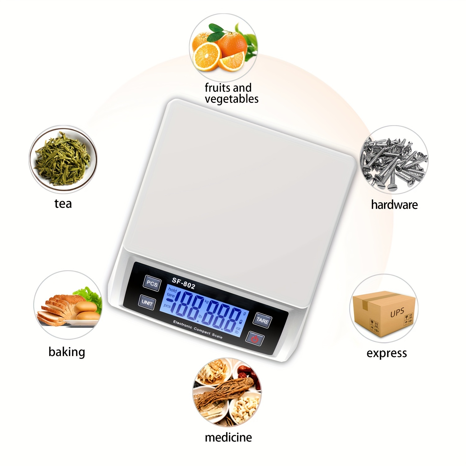 

Sf-802 Scale, 66 Lb/30kg Capacity, White, Gauge Sensor, Large Lcd Display, , Battery Included (aaa), Ideal For Food, Packaging, And Hardware Weighing