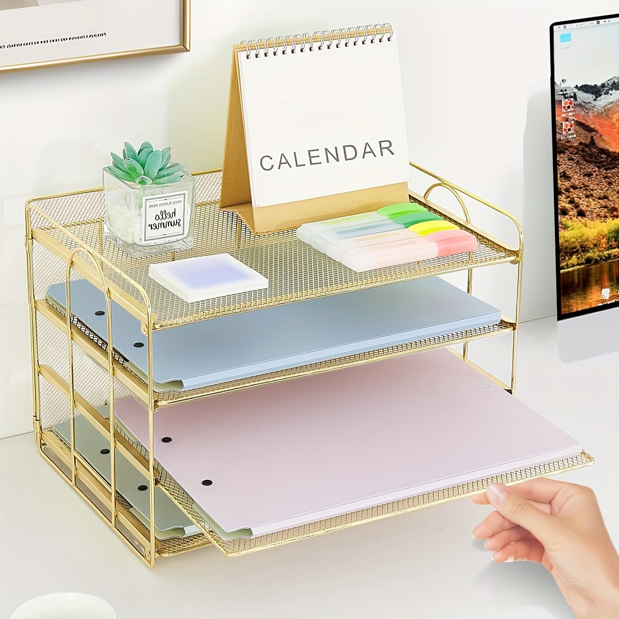 Image of Letter Tray, 4-tier Desk Document File Organizers, Paper Organizer With 3-compartment Mesh Storage Tray And Pen Holder, For Home, Office
