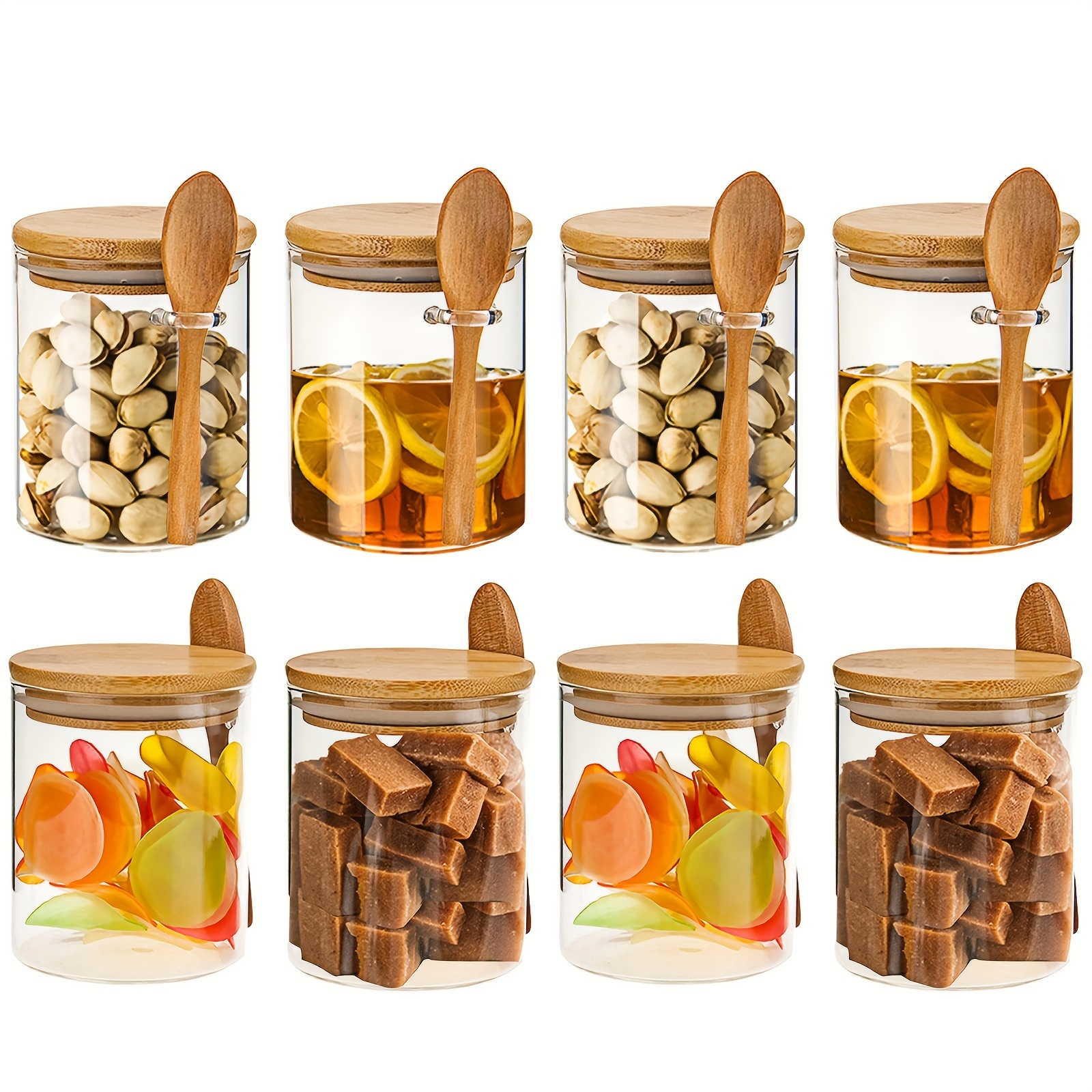 

540ml/6pcs-8pcs Glass Food Storage Jars 100% Sealed Borosilicate Glass Bamboo Glass Jars With Bamboo And Bamboo Spoons For Candies, Spices, Coffee Beans, Nuts, Condiments, Biscuits, Flours, Tea...