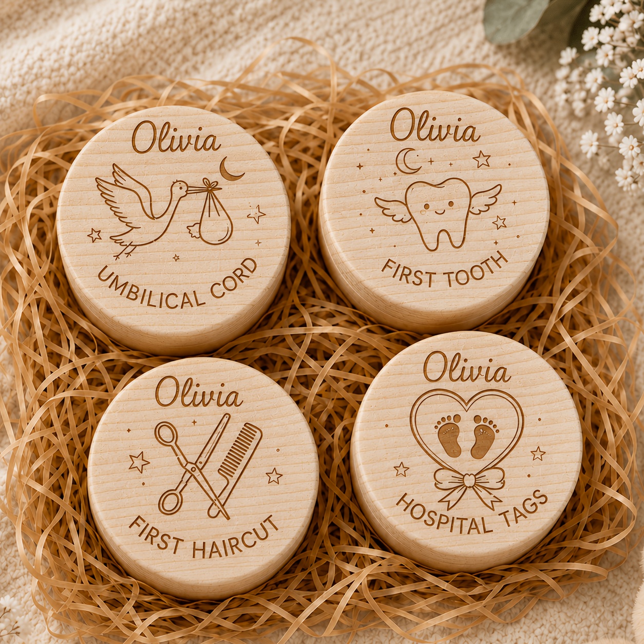 TEMU 4pcs/1 Set Personalized Wooden Keepsake Storage Box, Lock Of Hair And Tooth Storage Box Set. Each First Keepsake Measures Approximately