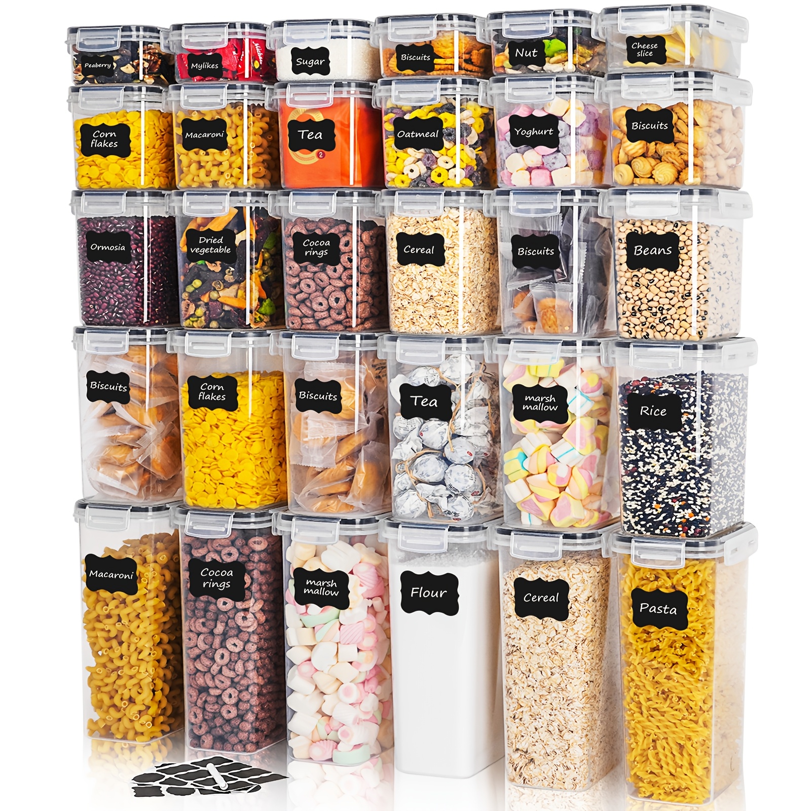 

60 Packs Airtight Food Storage Boxes, Kitchen Pantry Organizers, (30 Jars & 30 ) Plastic Food Jars, Cereal, Flour, Sugar, Pasta, Includes Labels And Markers