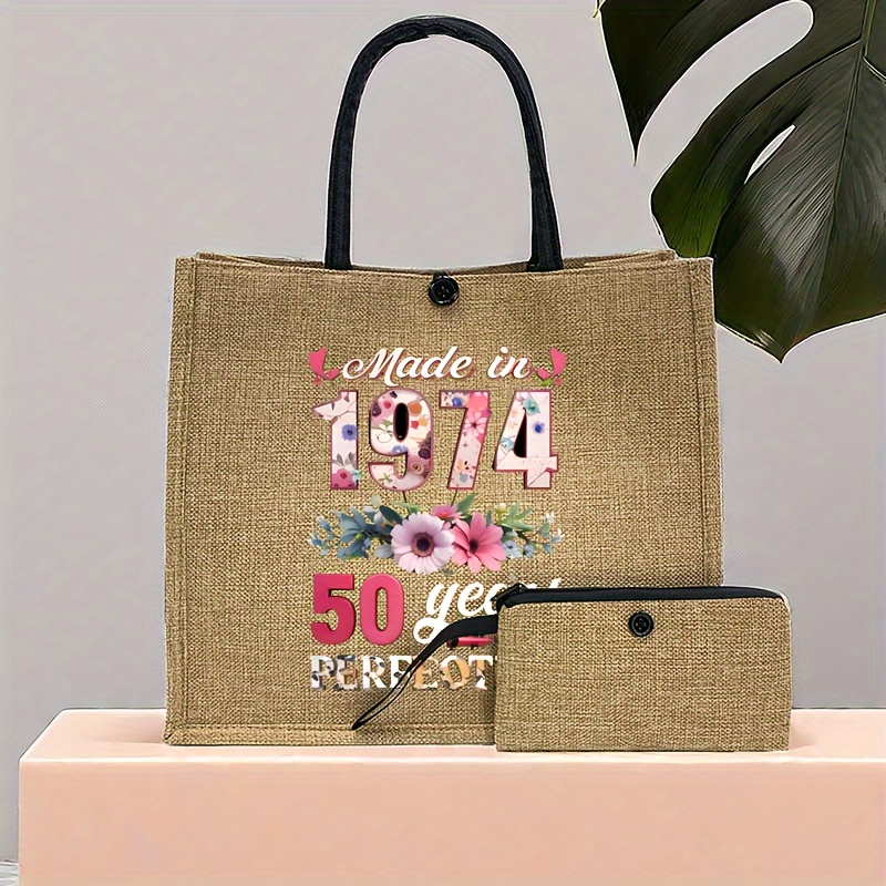 

2pcs 1974 Flower Pattern Tote Bag Set, Fashion Burlap Shoulder Bag, Shopping Bag With Coin Purse, Portable Travel Beach Bag