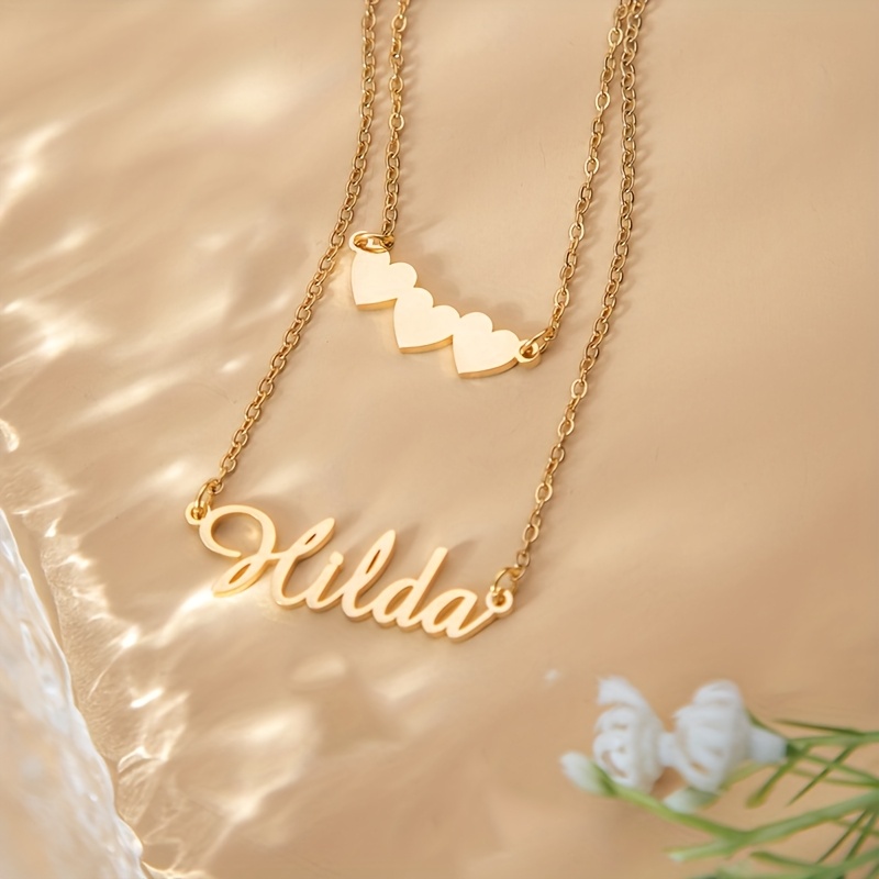 E-shop Personalisiertes Edelstahl-Doppelhalskette mit Herz-Anhänger - Individueller Namensschmuck für Sie, Mutter, Ehefrau, Freundin - Valentinstag,