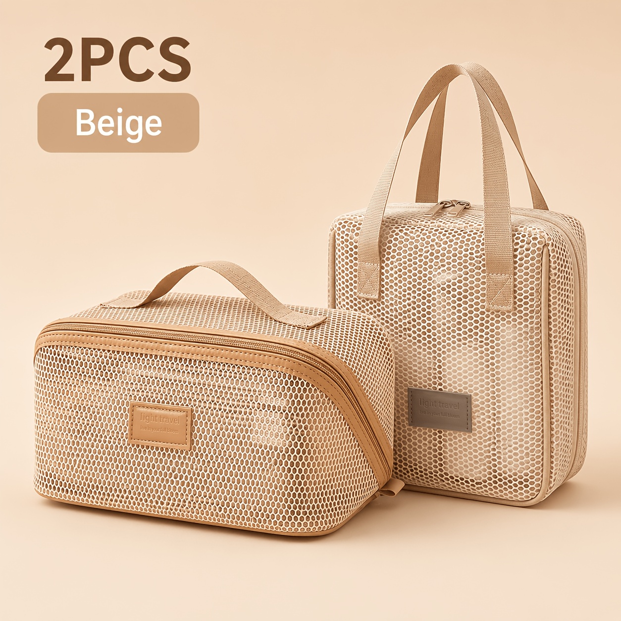 TEMU 2pcs Travel Makeup Bag Set For Women, Mesh Cosmetic Organizer Bags With Handle, Large Capacity Toiletry Bag Pouch, Portable Beauty Storage Case
