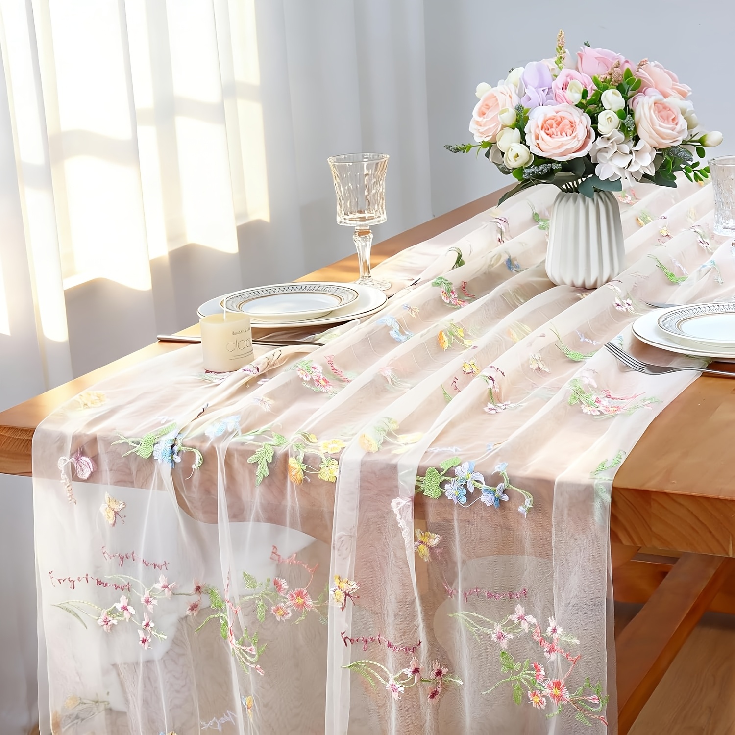 TEMU White Gauze Table Runner With Embroidery , 120in 10ft Floral Seasonal Sheer Table Runners For Dining Holiday Wedding Birthday Shower Table Decor