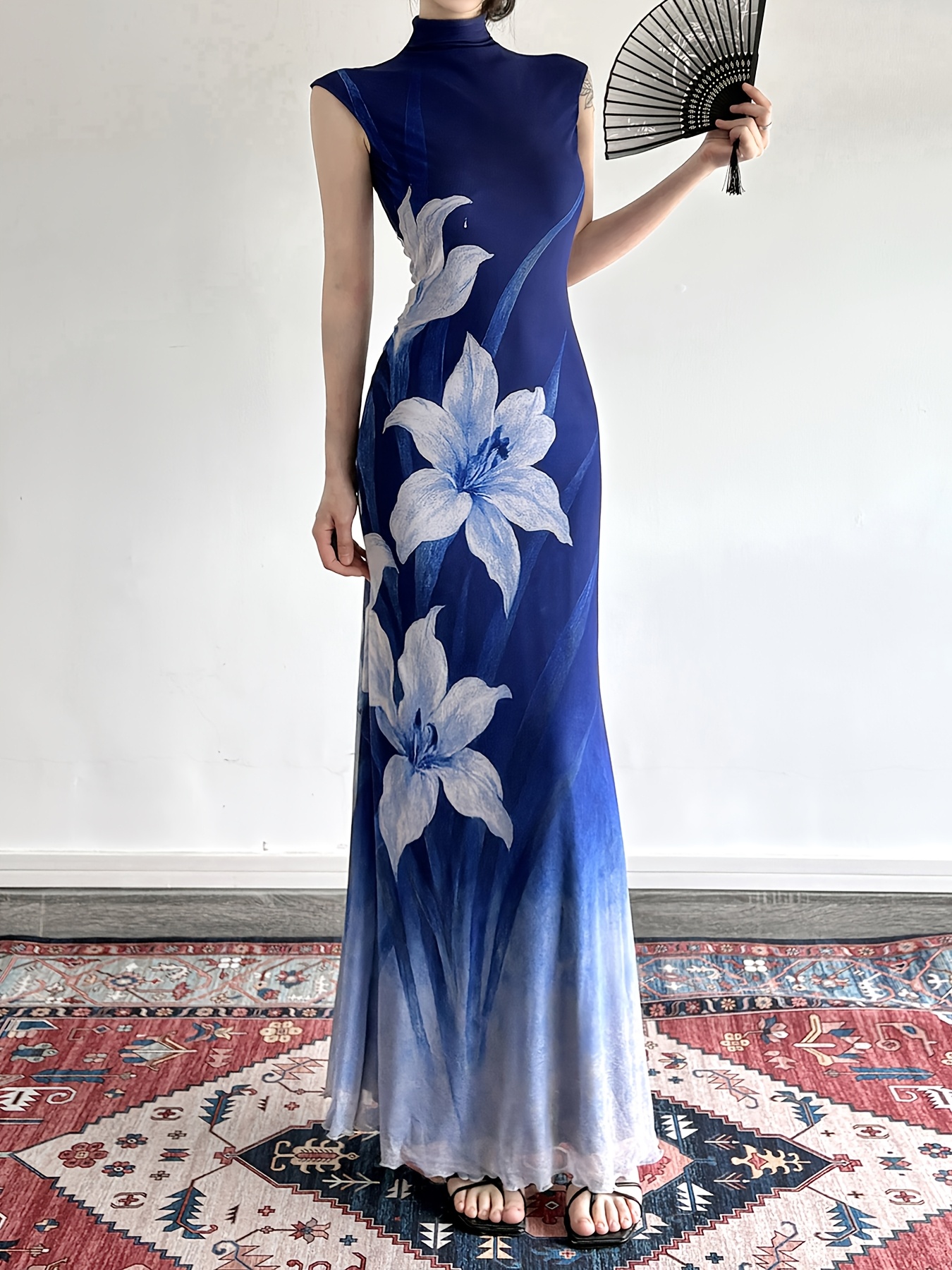 blue mesh oriental dress aerv floral printed gradient mesh dress a chinese style