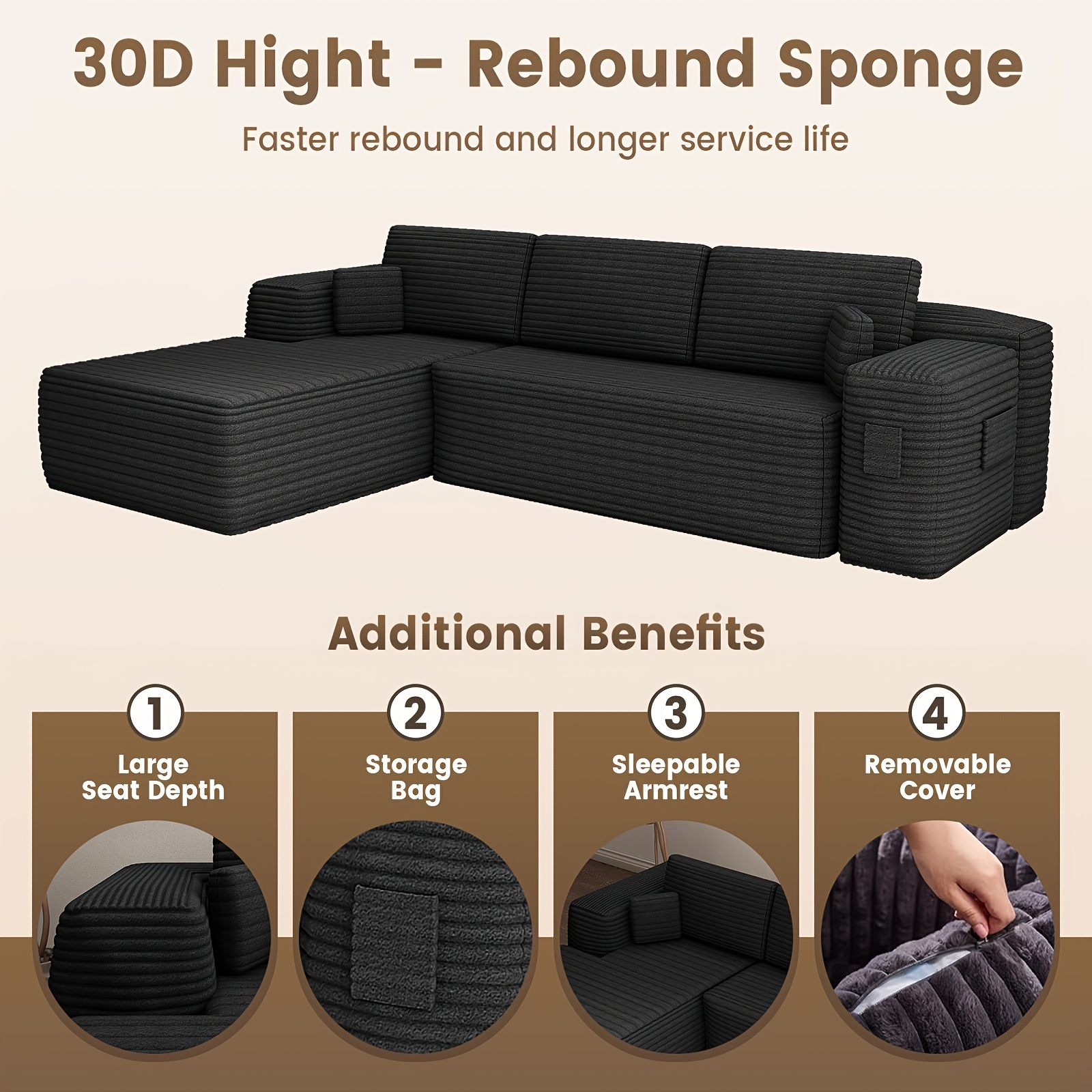 Extra Large L-Shaped Sofa with Right-Side Chaise | Minimalist Compressed Frame, No Assembly Required, Modular Cloud Combination, Suitable for Living Room & Bedroom, Plush Corduroy Fabric