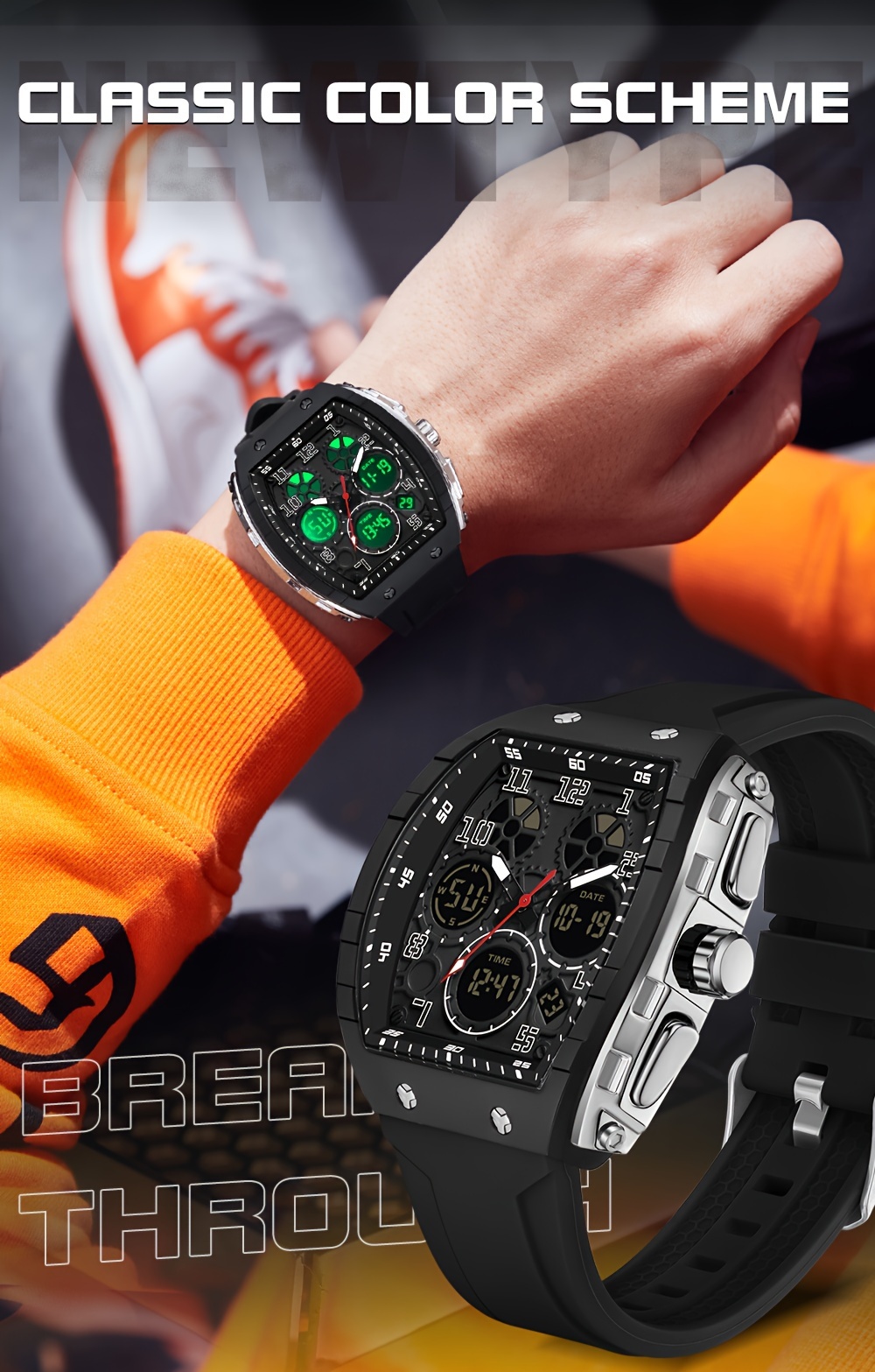 mens military sports wristwatch with   fashionable dial featuring a silicone strap multiple functions and waterproof led clock details 11