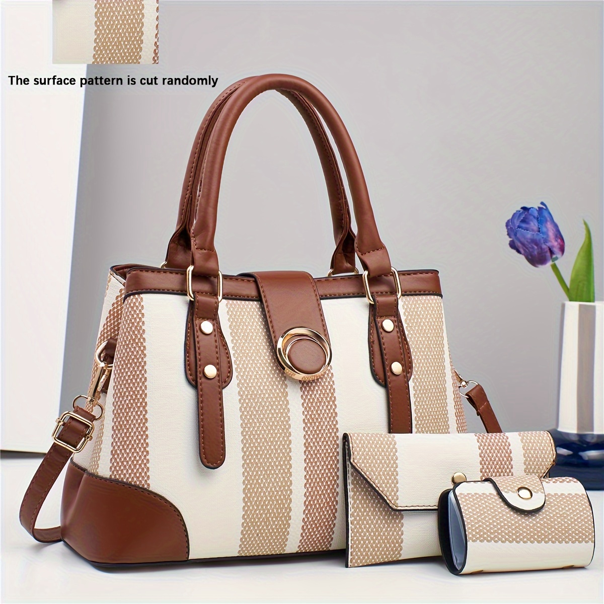 TEMU Chic 3pcs Women's Bag Set - Classic Striped, Fashionable & With Detachable Strap, Zip Closure - Available In Khaki, Coffee, Light Brown, Cream, Red, Blue, Black