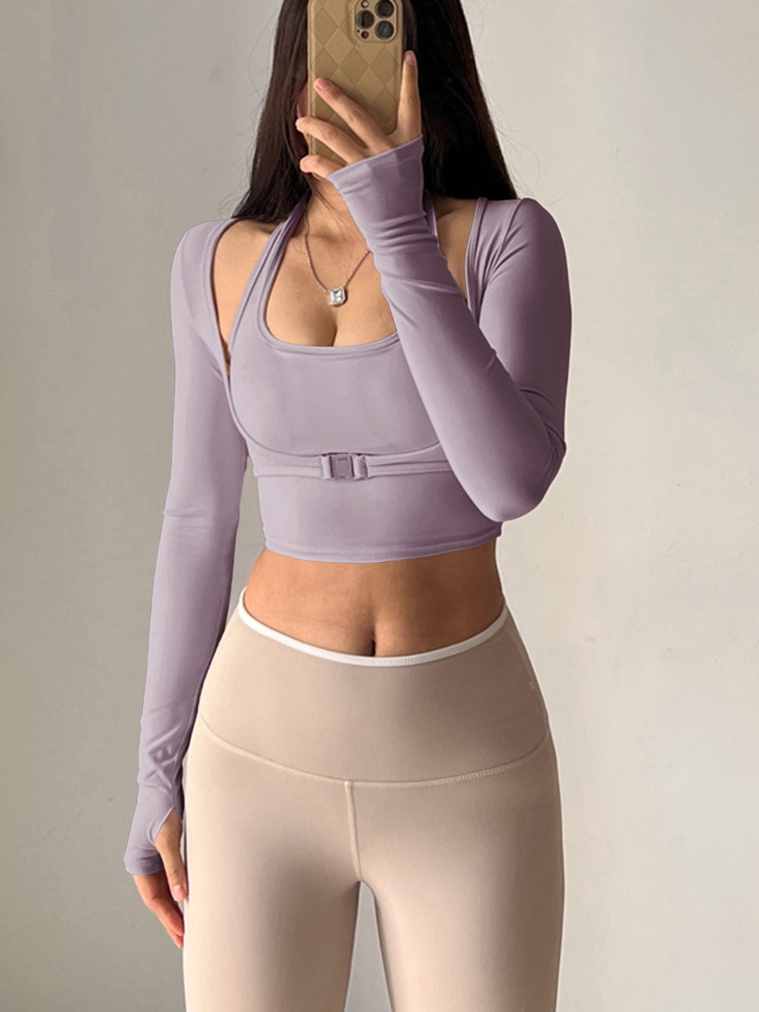 Halter Neck Long Sleeve Crop Top Sexy 1 Solid Color Slim Top - Temu