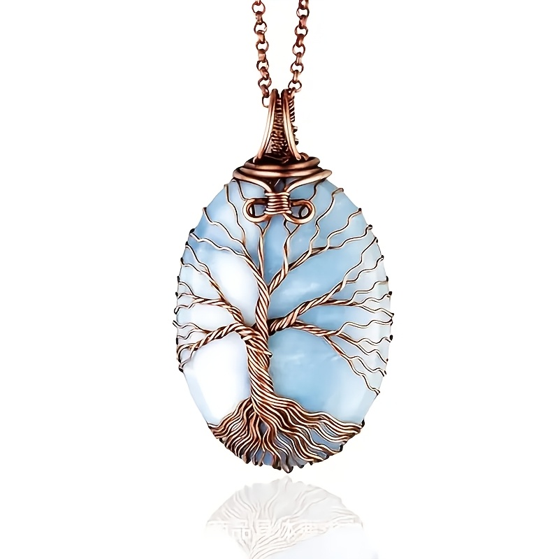 TEMU Vintage Bohemian Copper Wire Wrapped Tree Of Life Pendant Necklace With Iridescent Synthetic - Handmade Nature- For Casual & Formal Wear