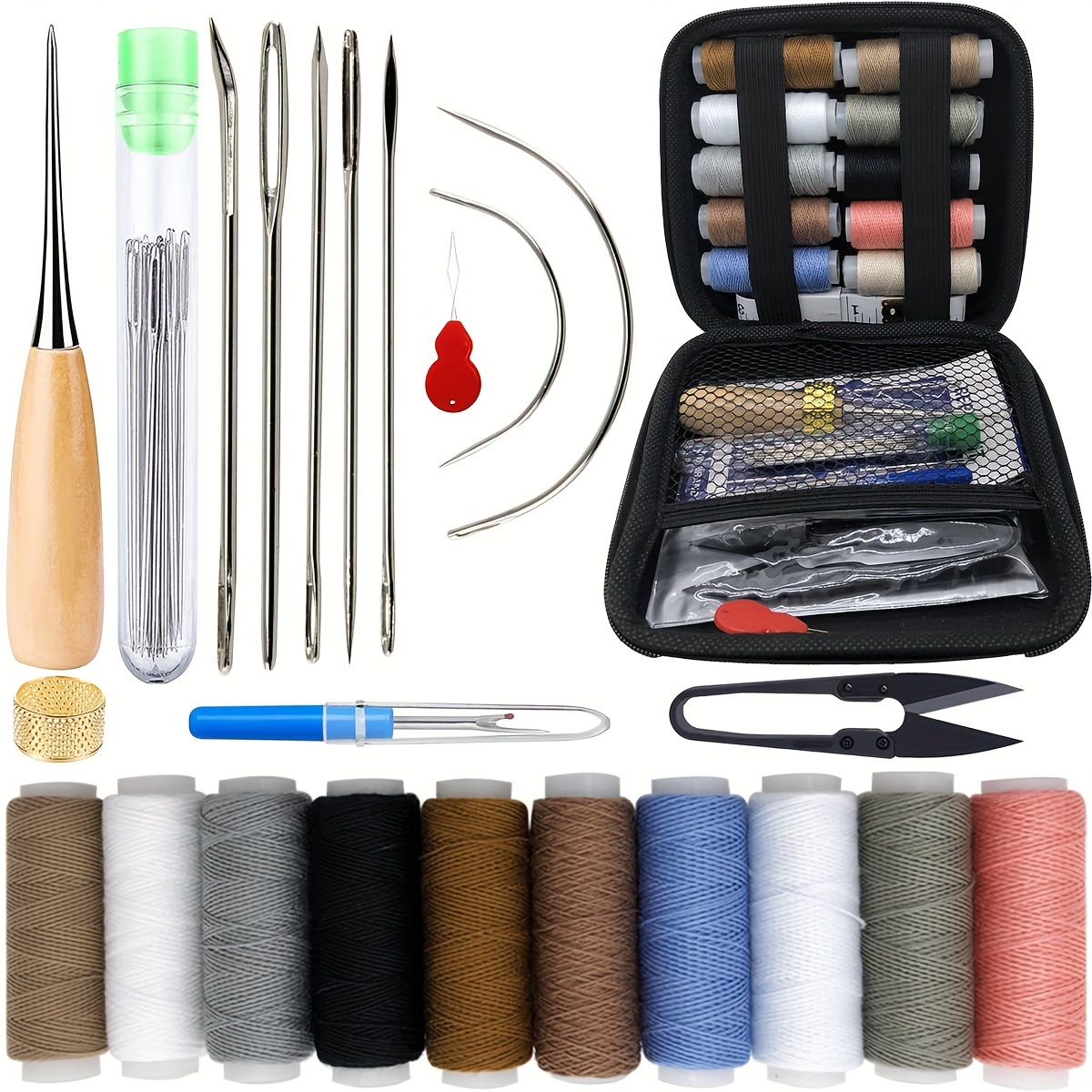 TEMU Upholstery Repair Sewing Kit: 47 Pieces Heavy Duty Sewing Kit With Sewing Awl, Seam Ripper, Leather Hand Sewing Stitching Needles, Sewing Thread