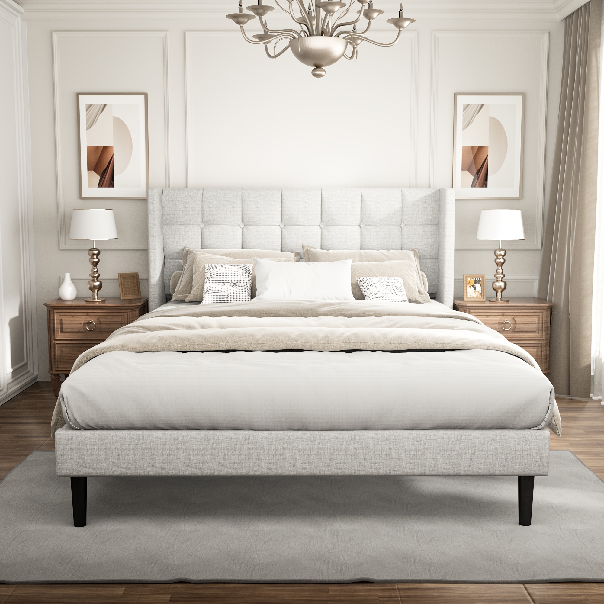 TEMU Full/queen Size Bed Frame With Upholstered Wingback Headboard, Modern Platform Bed Frame, Mattress Foundation With Wooden Slats Support, Spring Needed, Easy Assembly, Dark Grey/light Grey