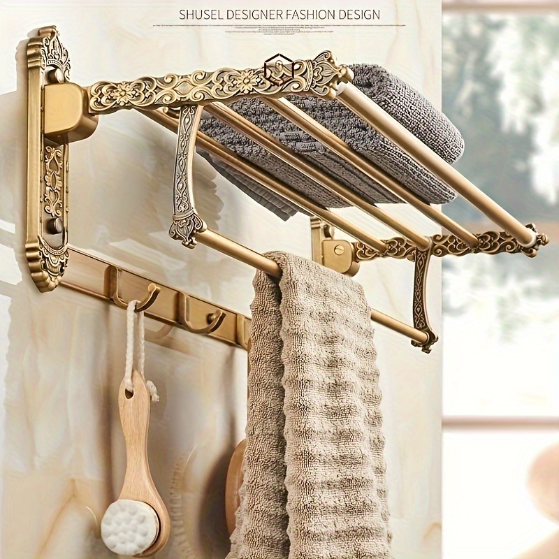 

Traditional Style Wall Mount Towel Rack With Carved Design - Antique Finish, Foldable Bathroom Towel Bar, Stainless Steel Construction, No Electricity Needed