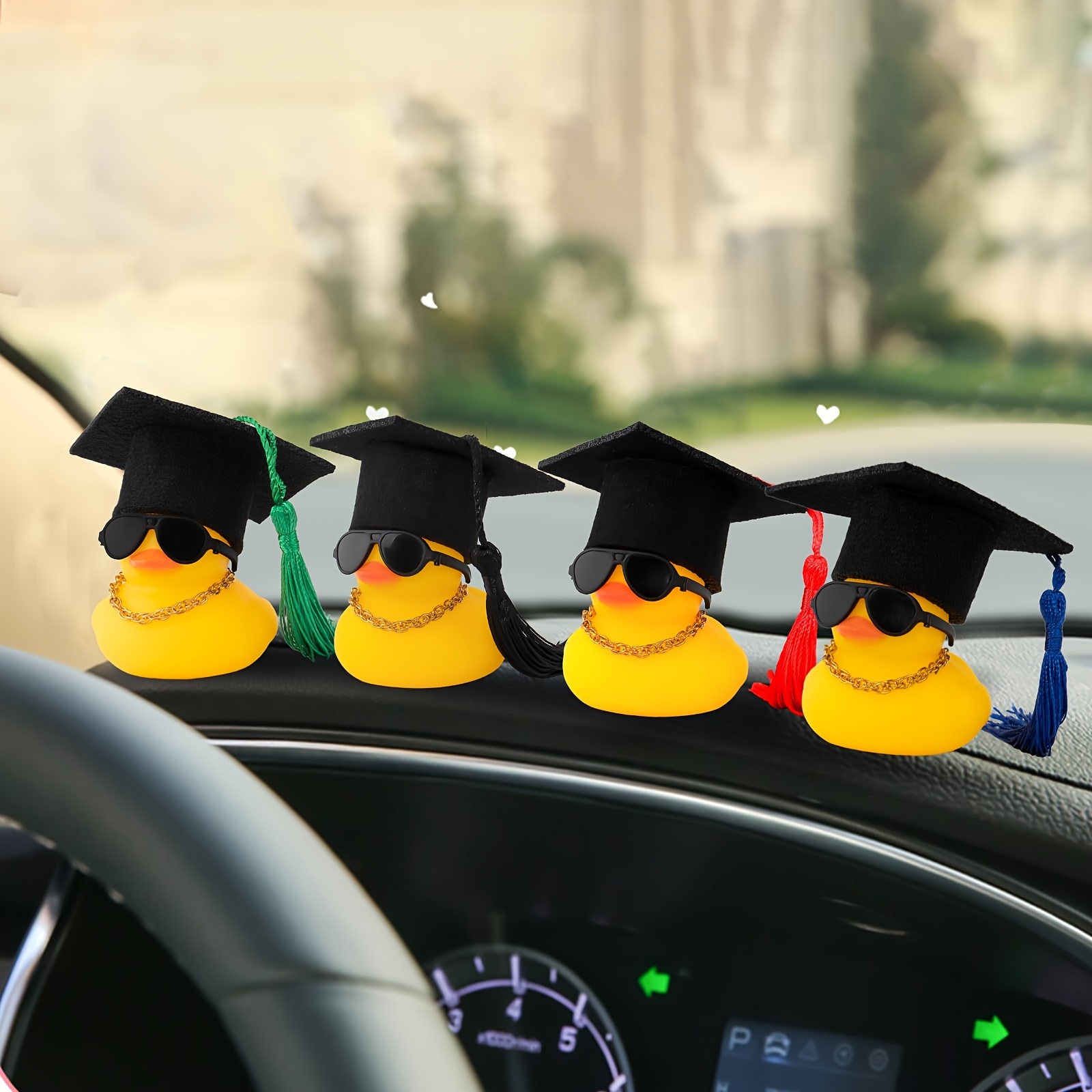 

1pc Quackyfun Graduation Rubber Duck Car Dashboard Ornament With Hat, Glasses, Scarf, And Tassel - Non-squeakable Rubber Vehicle Decoration