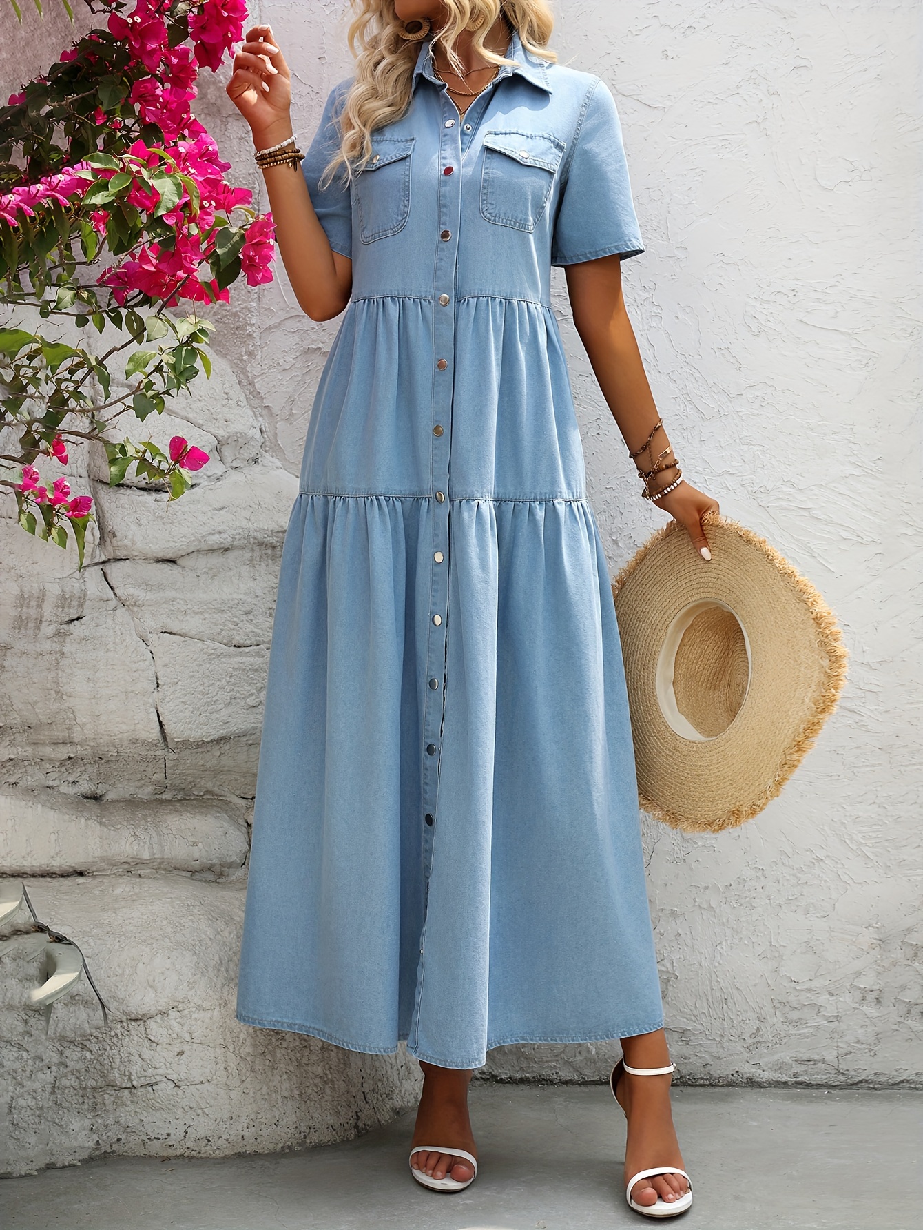 womens elegant short sleeve plain denim maxi dress with button front and flowy tiered skirt for casual summer fashion details 1