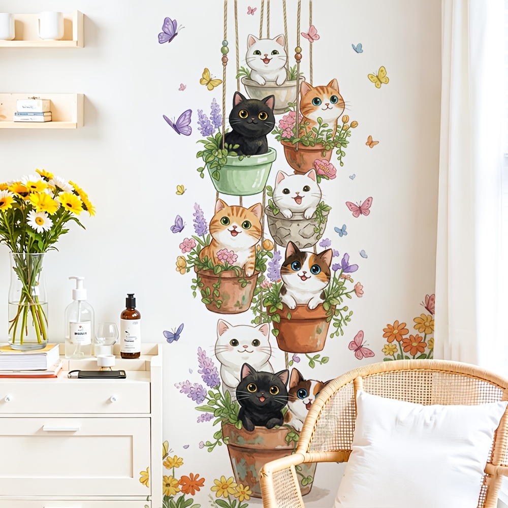 Image of Cute Cat And Greenery Wall Sticker For Rental Apartment Bedroom, Cozy Wall Makeover, Decorative Wallpaper For Accent Wall Decor