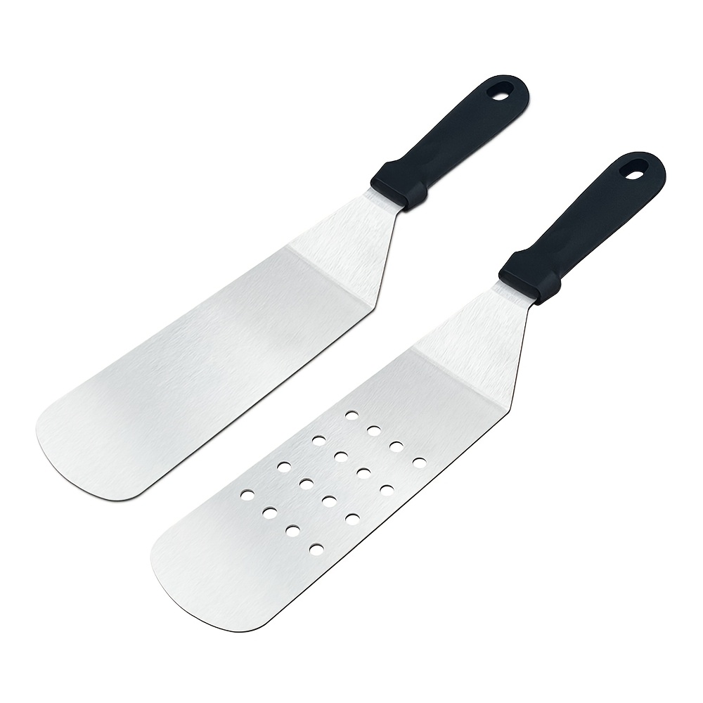 2-pack Stainless Steel Slotted Spatula Set, Metal Spatulas For Pancakes, , Food Contact Safe, Black Plastic Handle