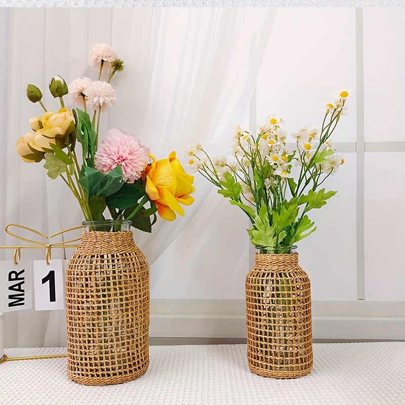 

1pc Boho Glass Flower Vase With Rattan Cover, Farmhouse Flower Bud Vase, Round Decorative Flower Vase Floral Container Flower Bottle For Floral Arrangements Housewarming Party Home Decor