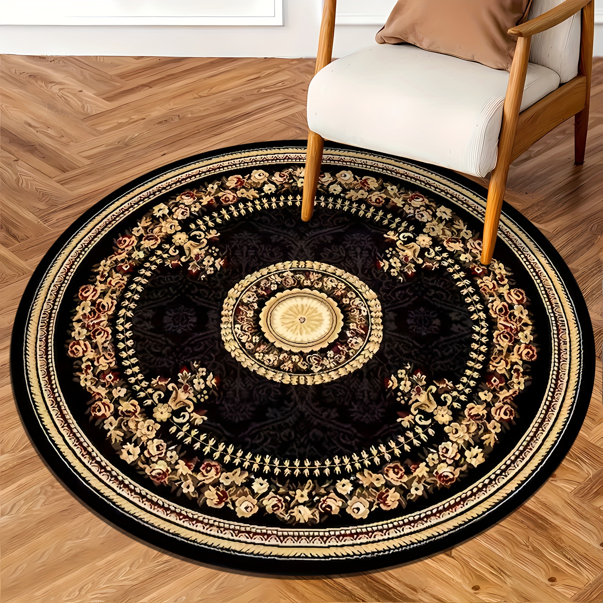 

Vintage Luxury Floral Geometric Pattern Round Area Rug, Non-slip Absorbent Memory Foam Mat, Soft Comfortable Entryway Bedroom Decor, Stain Resistant Lightweight Machine Washable, Polyester Fiber