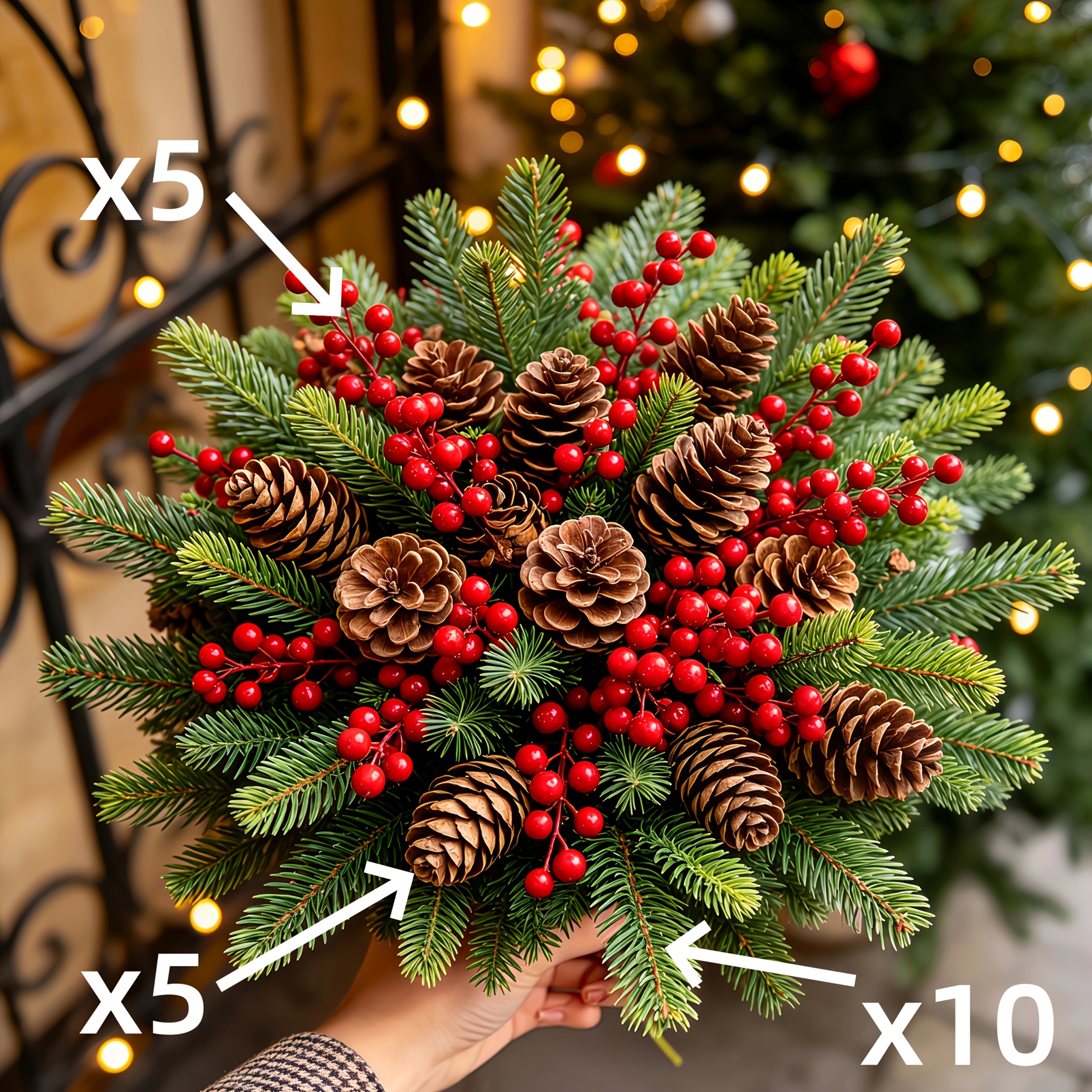 TEMU 20pcs Artificial Pine Branches/simulated Pine Cones/red Berries Mixed Bouquet, No Maintenance Required, Full And Shaped Floral Decoration,