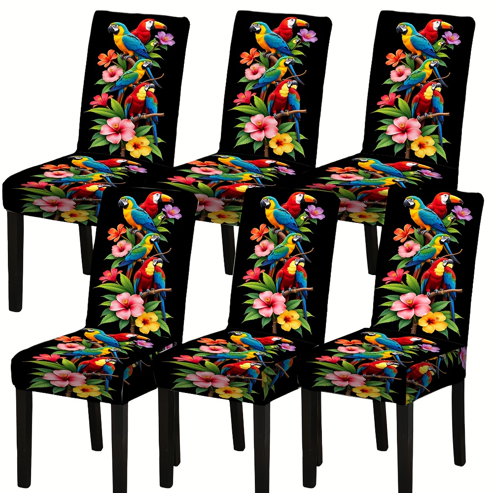 TEMU [jit]4/6pcs Elastic Dining Chair Covers Black Colorful Parrot Floral Print For Home Decor, 2d Flat