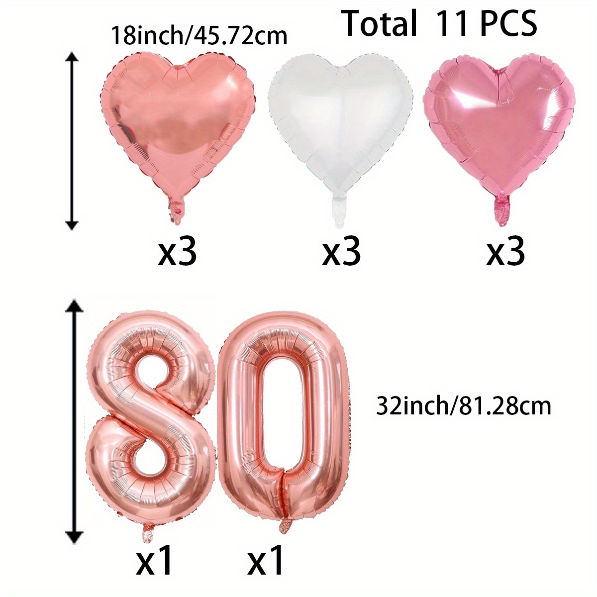 Image of Rose 80 Balloon, 32 Inch Number 80 Balloon With 18inch Rose Pink Heart Foil Mylar Balloons For 80th Birthday Anniversary Christmas New Year Wedding Birthday Party Decorations
