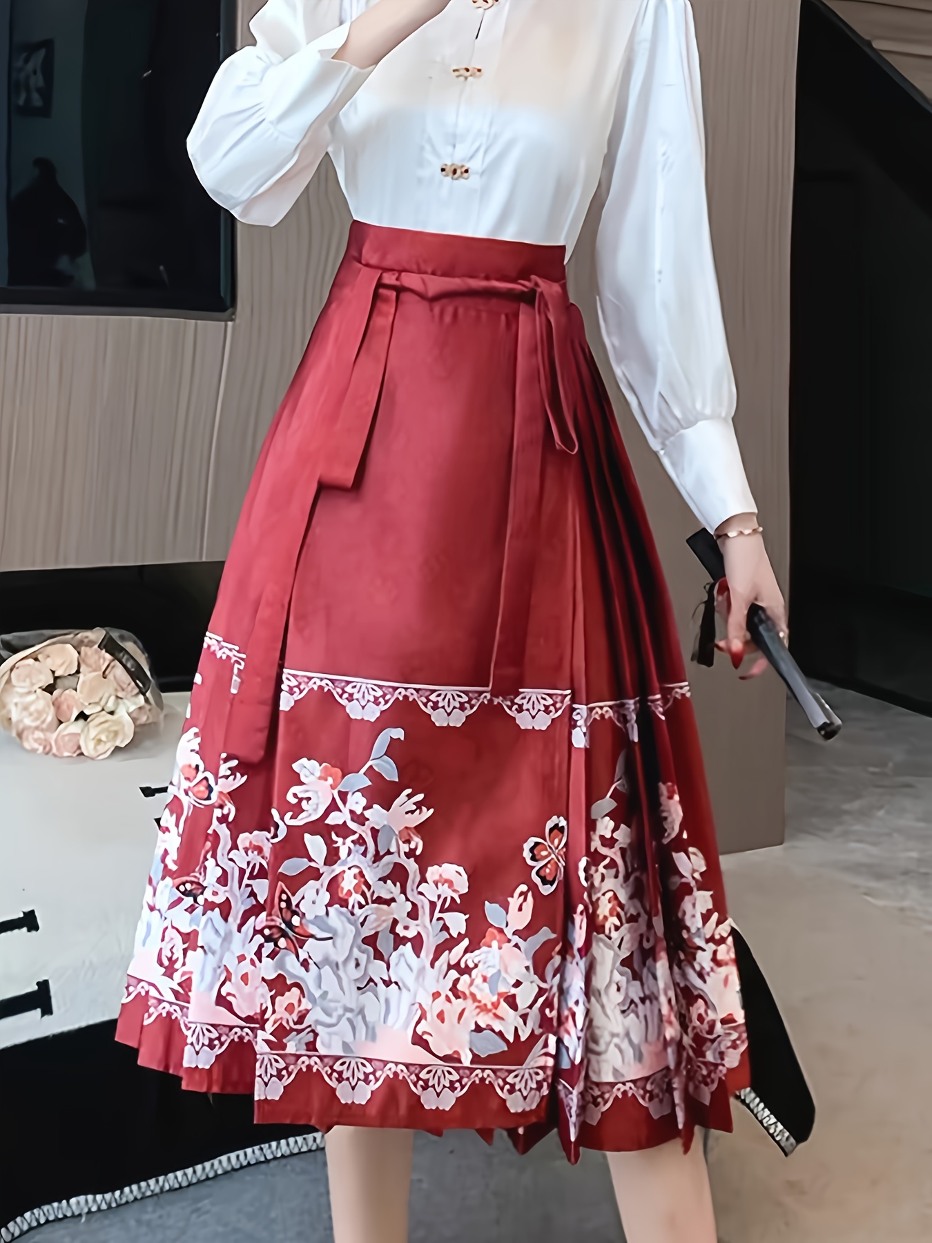Chinoiserie Pattern Mamianqun Skirt, Chinese Vintage High Tie Waist  A-line Midi Skirt, Women's Clothing