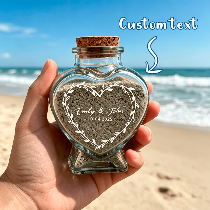 TEMU 1pc Customized Personalized Honeymoon Souvenir Sand Jar, Heart-shaped Glass Souvenir Bottle, Honeymoon Sand Bottle, Wedding Gift, Couple Gift,