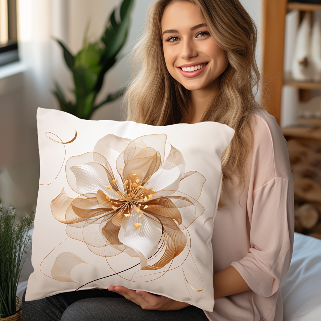 

1pc, 45x45cm Contemporary Style Floral Cushion Cover, Peach Skin Velvet, Decorative Throw Pillow Case For Sofa, Living Room, Bedroom, Car, Pillowcase Only, Single-sided Print, Home Decor - No Insert