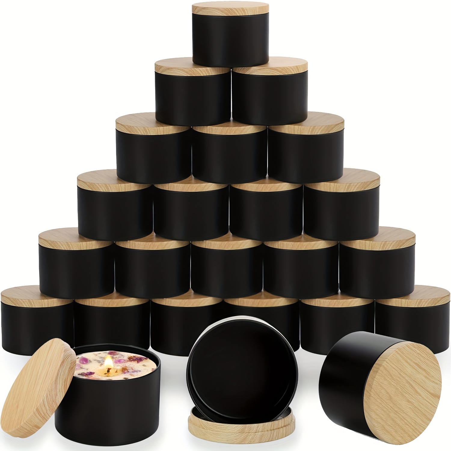 42pcs 6set black candle tins 4oz black matte candle jars with wood grain lids for candle making wick holders wick stickers for candle making arts and crafts small item storage