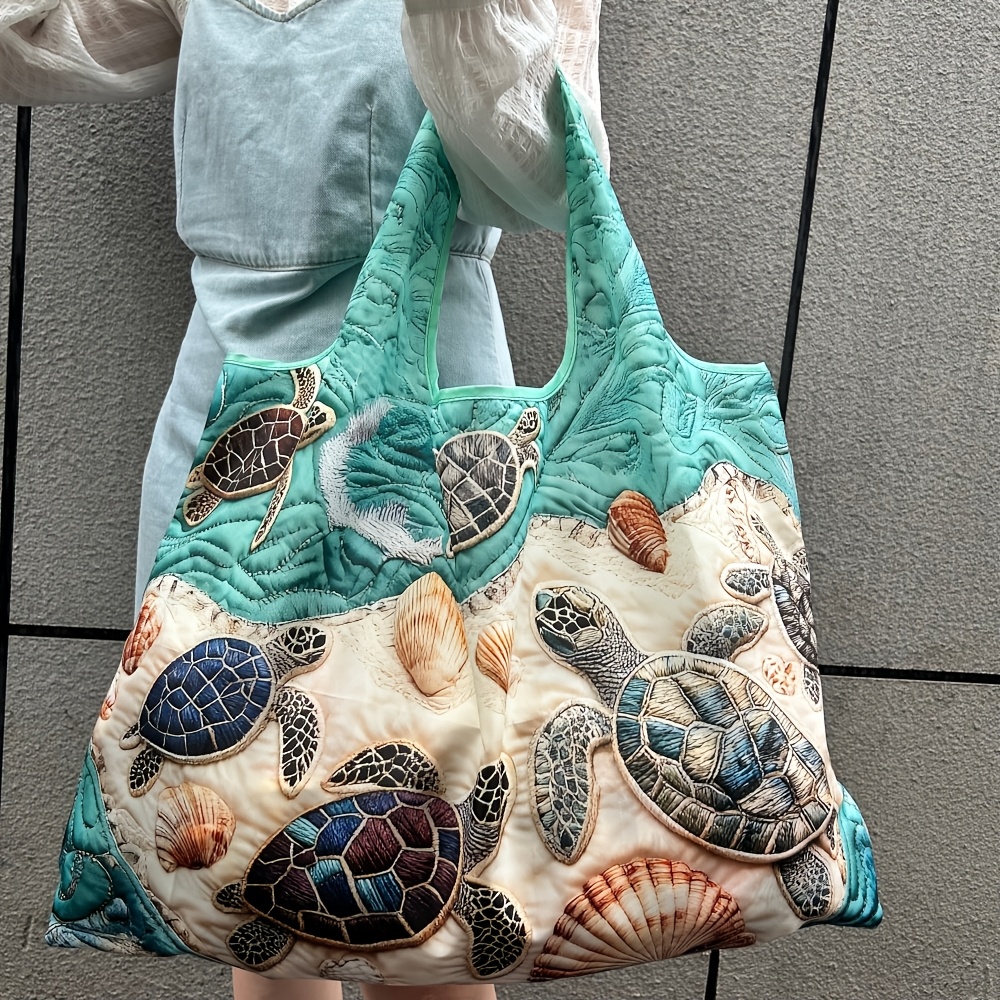 TEMU 2d Flat Fashion Oil Painting Turtle Print Large Nylon Shopping Bag Durable Grocery Bag Women's Tote Bag Shoulder Bag Beach Camping Bag