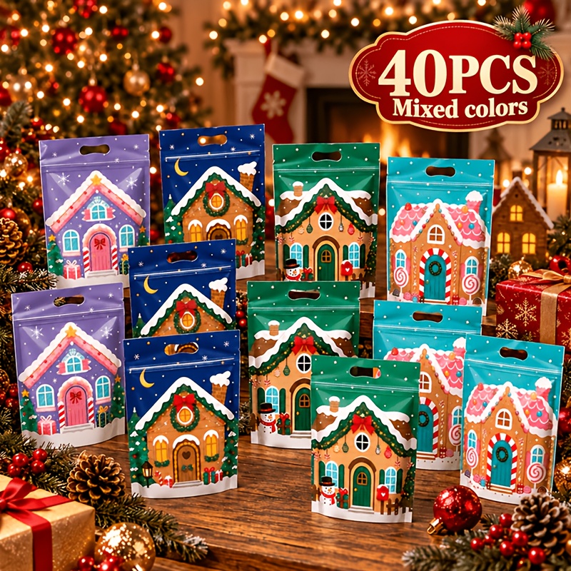 TEMU Lot de 40 sacs cadeaux de Noël, motif maison en bonbons de Noël, convient pour Noël, cadeaux de fête d'hiver, sacs cadeaux de fête d'année.