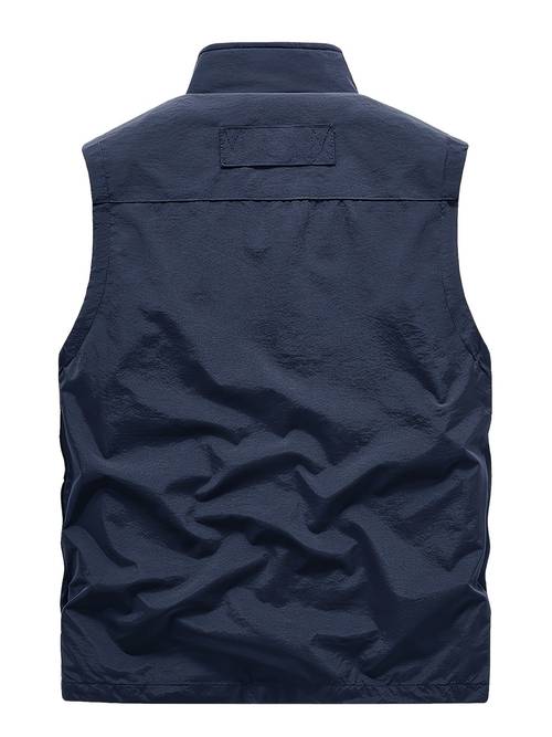 1pc mens casual nylon sleeveless waistcoat stand collar zipper pockets loose fit lightweight outdoor vest for hiking fishing photography spring autumn solid color hiking gear stylish zipper pockets durable zipper closure