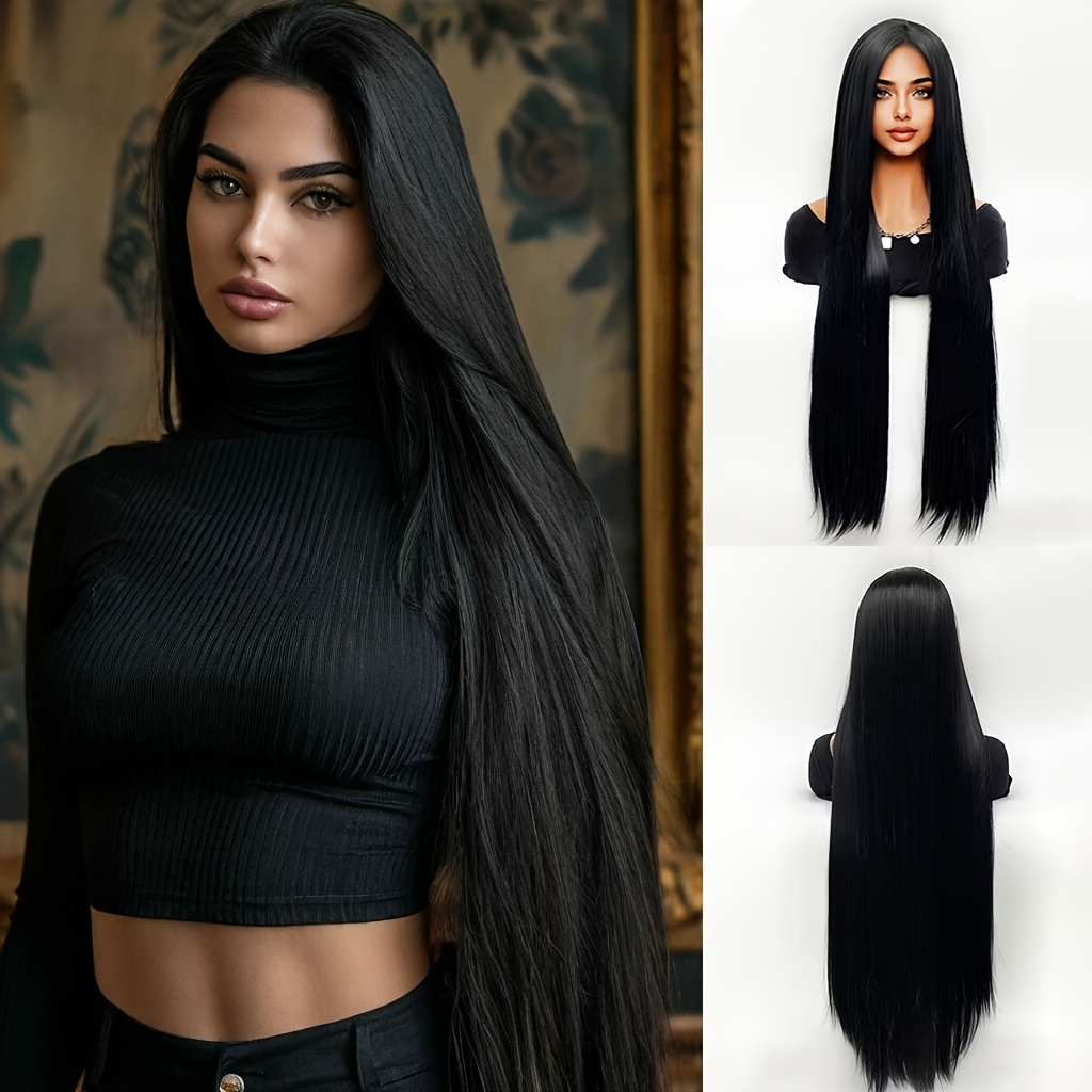 TEMU 86.36cm Long Black Straight Wig Realistic For Women, High-temperature Fiber, Elegant And Fashionable, Suitable For Daily Commuting, Christmas,