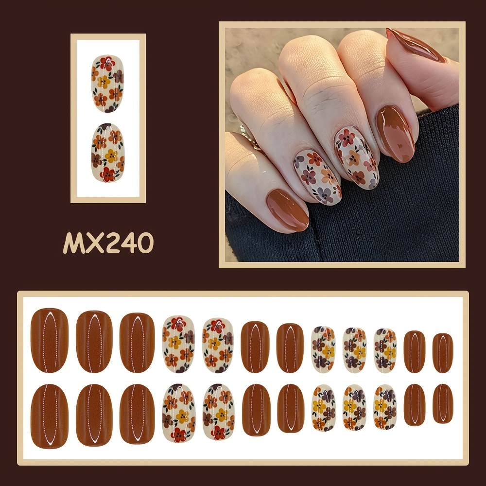 TEMU 24pcs Faux Ongles Automatiques Automne Marron , Ongles Automne Florale , Faux Ongles d'Hiver Tendance pour Femmes