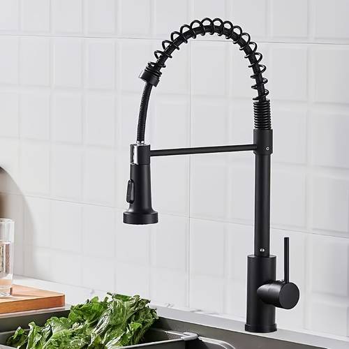 1pc black kitchen hot and cold water faucet with pull down sprayer stainless steel single handle pull out spring sink faucets for farmhouse camper laundry utility rv multifunctional telescopic sink faucet with base plate