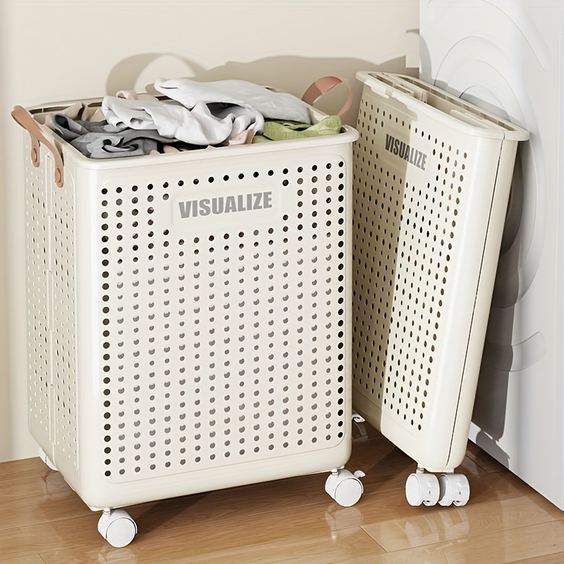 

Contemporary Rolling Laundry Hamper With Wheels, Collapsible Plastic Dirty Clothes Basket, Large Capacity, Multipurpose Use For Home, Bathroom, Balcony - Durable Foldable Storage Organizer
