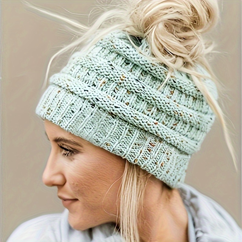 

Cozy Knit Slouchy Beanie With Ponytail Hole - Warm & Stretchy Acrylic Hat For Women, Fall & Winter