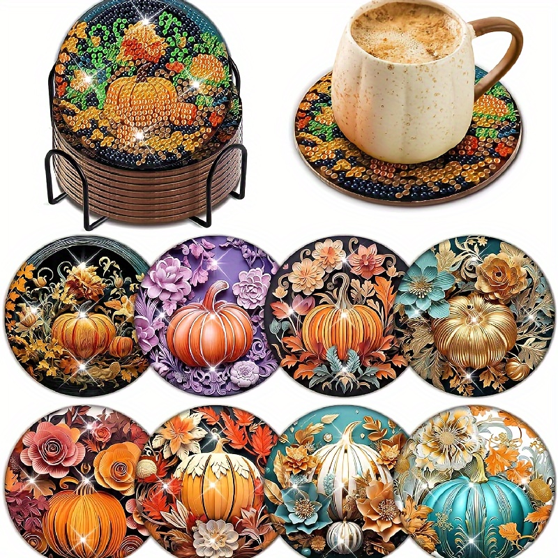 

Festival Themed Diamond Painting Coaster Kits With Stand - 8 Piece Set, Round & Irregular Diamond Art For Adults And Beginners, Decor, Thanksgiving Drink Mats For Coffee & Beverages