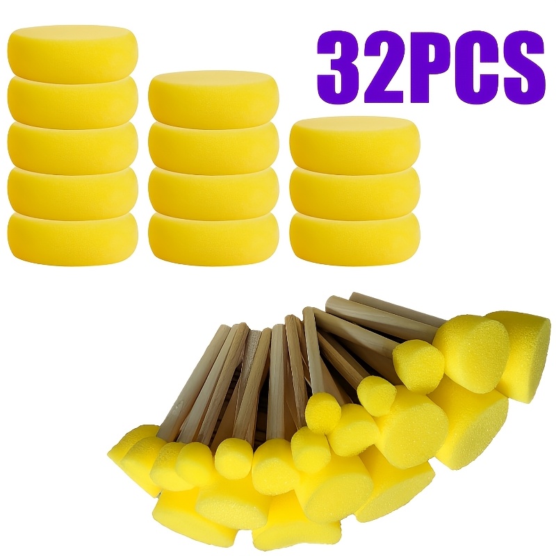 TEMU Set di pennelli in spugna da 32 pezzi, 20 pennelli rotondi in spugna con manici in legno e 12 spugne per pittura - per , artigianato, pulizia di