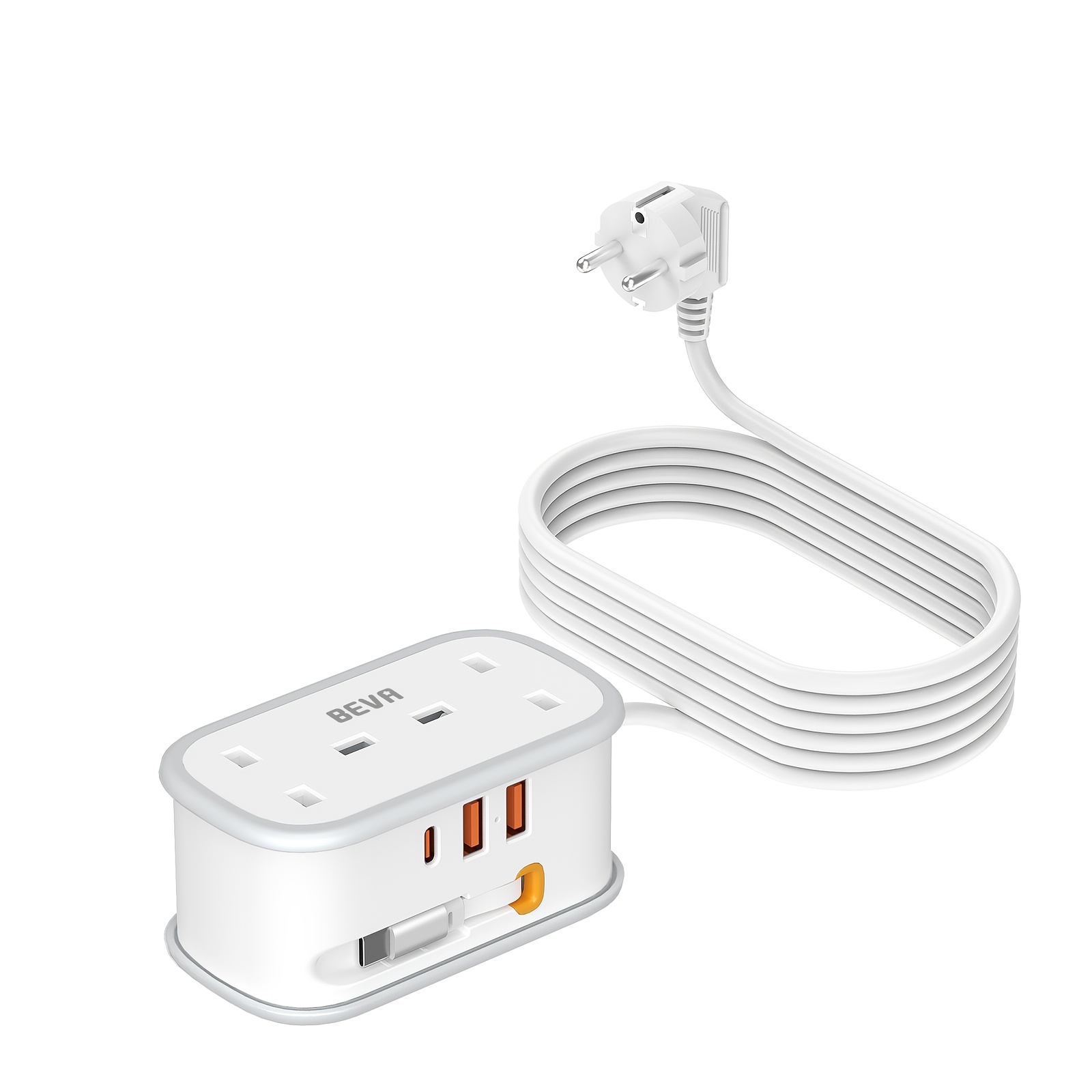 TEMU Uk To European Plug Adapter With 1.5m Extension Cable, Beva 2 Way 3 Usb (2a+1c) Travel Adapter With Retractable Usb C Cable For Germany France