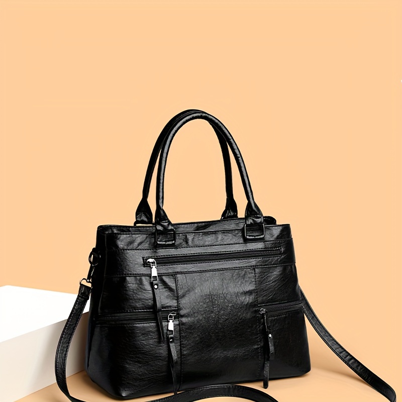 TEMU Vintage-style Womens Satchel Purse - Crossbody Handbag With Detachable Strap,, Zip Closure, In Deep Brown/grey/