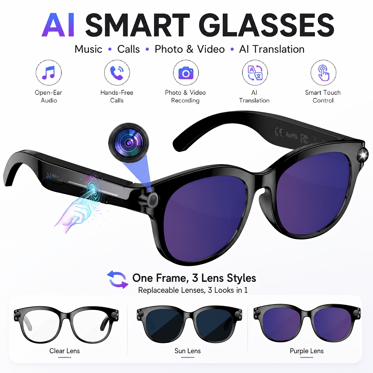 TEMU Smart Glasses Featuring An 8mp Hd Camera With Image Stabilization, Video And Audio Recording, Blue Light Blocking, Translation Capabilities,