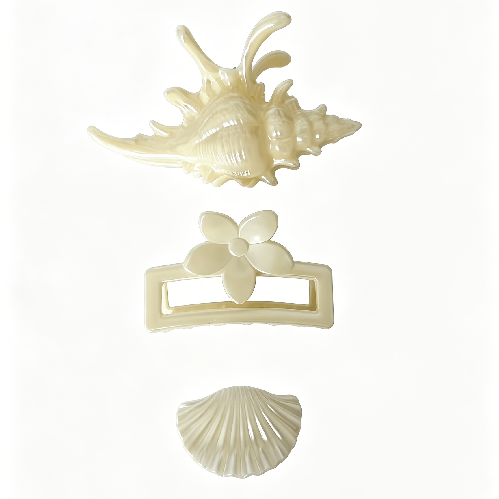 TEMU 3pcs Ocean-themed Seashell Claw Clip Set; Pearlescent Conch Scallop Flower Shark Clip; Versatile Half-up Hair Bun Clip For ; Vacation And Travel