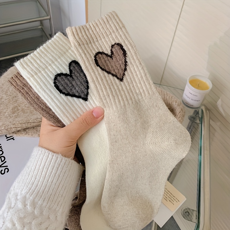 

5 Pairs Heart Pattern Socks, Cozy Simple Warm Mid Tube Socks For Fall & Winter, Women's Stockings & Hosiery