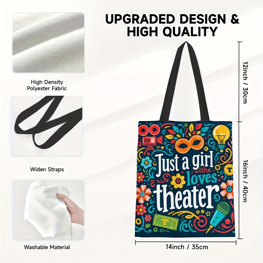 TEMU 1pc " Who Theater" Canvas Tote Bag - Vibrant Floral & Theater-themed Design, Lightweight, Foldable, Reusable Grocery & Shopping Bag For Travel,